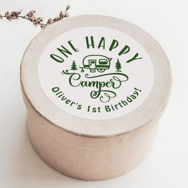 One Happy Camper green minimalist 1st birthday Classic Round Sticker (Creator Uploaded)