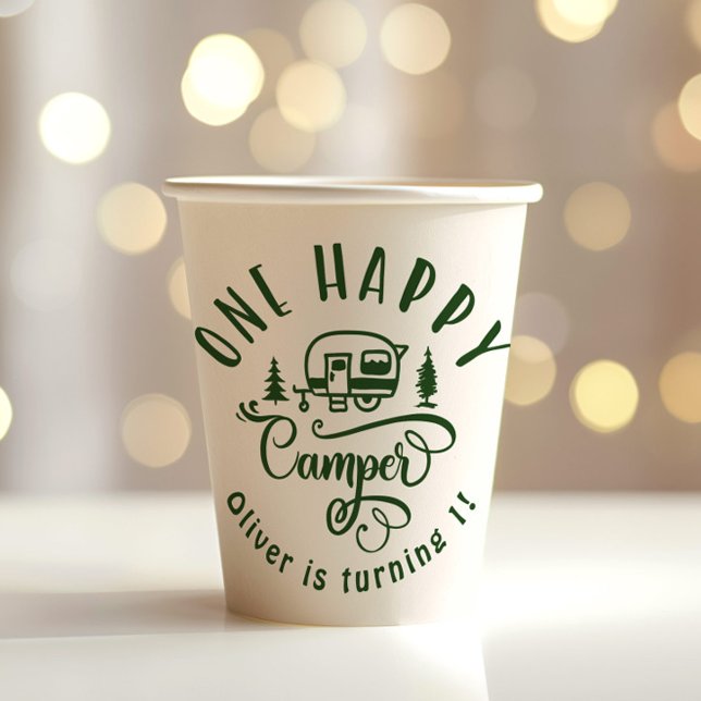 One Happy Camper green minimalist 1st birthday Paper Cups (Creator Uploaded)