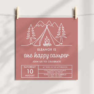 One Happy Camper Minimalist Dusty Pink Doodle Invitation