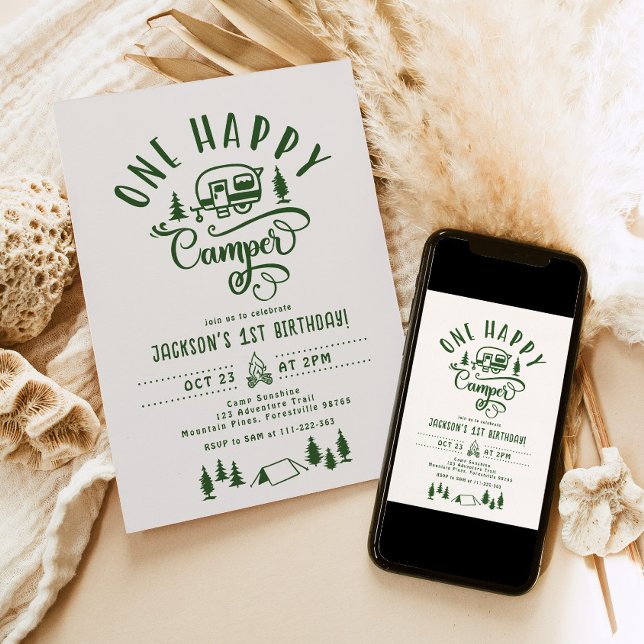 One happy camper Minimalist forest 1st birthday Invitation (Creator Uploaded)