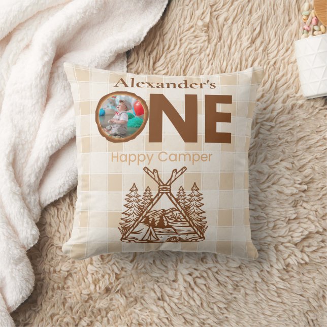 One Happy Camper Mountain Forest 1st Birthday  Cushion (Blanket)