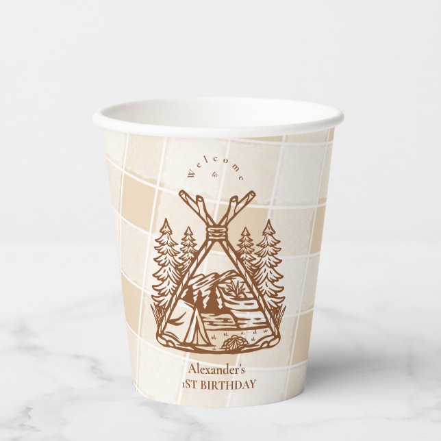 One Happy Camper Mountain Forest 1st Birthday  Paper Cups (Front)