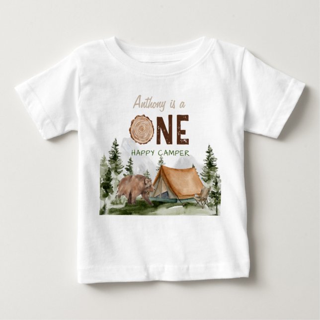 One Happy Camper Mountain Forest Bear 1st Birthday Baby T-Shirt (Front)