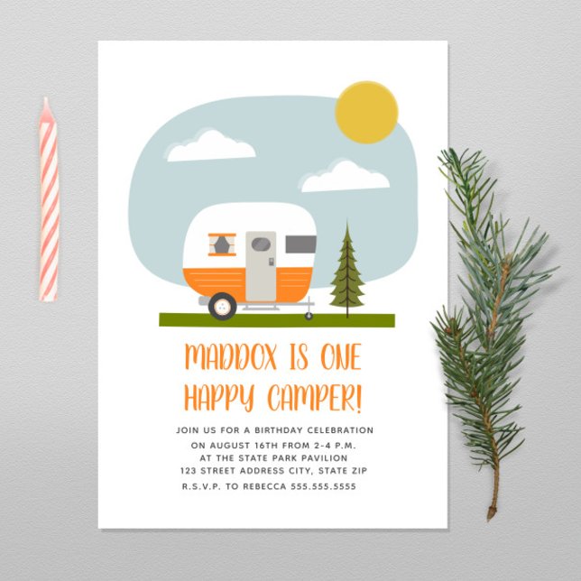 One Happy Camper Orange Trailer Birthday Invitation (Creator Uploaded)