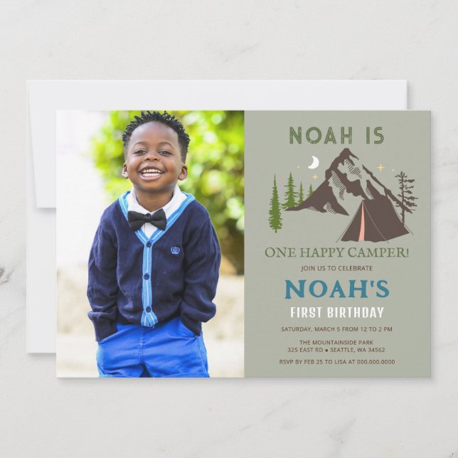 One Happy Camper Photo Boys First Birthday Invitation (Front)