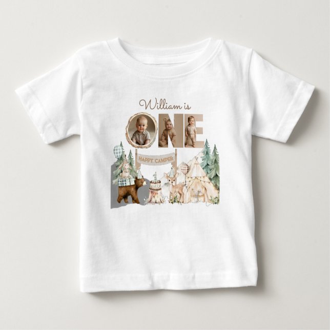 One Happy Camper Photo First Birthday Baby T-Shirt (Front)