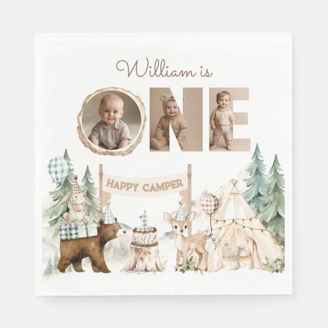 One Happy Camper Photo First Birthday Napkin (Front)