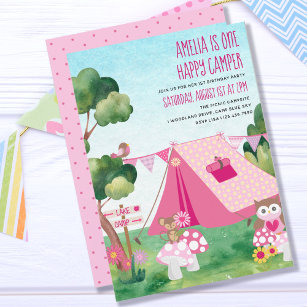 One Happy Camper Pink Tent Girl 1st Birthday Invitation