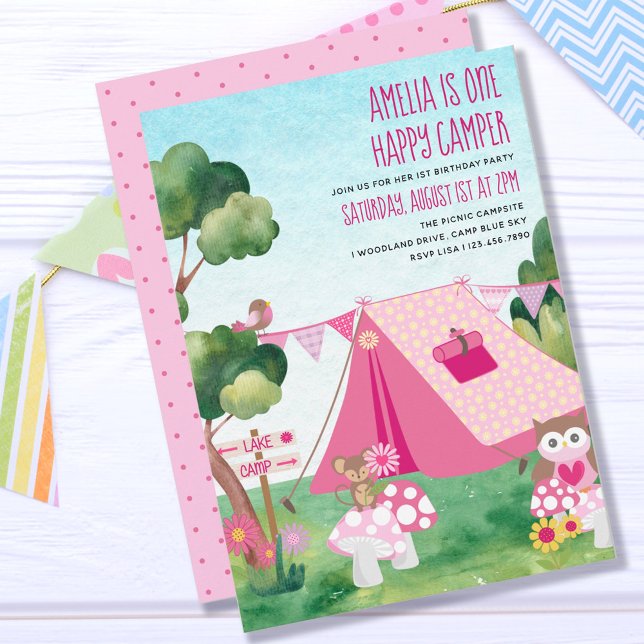 One Happy Camper Pink Tent Girl 1st Birthday Invitation (Creator Uploaded)