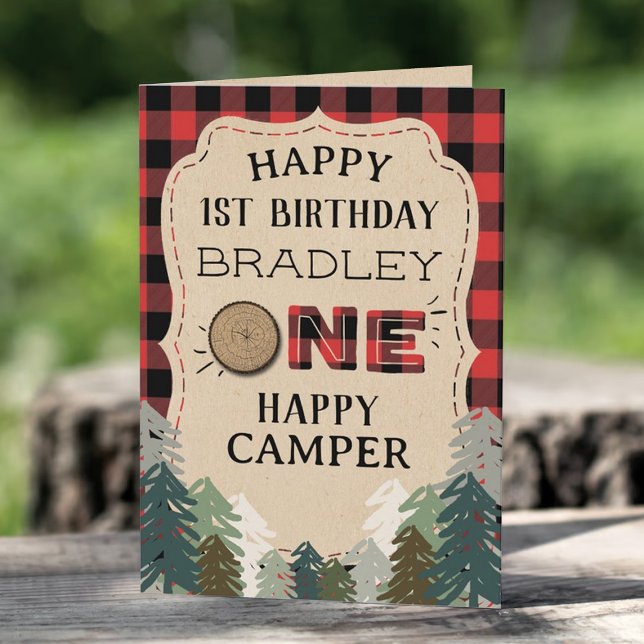 One Happy Camper Plaid Forest 1st Birthday Card (Creator Uploaded)