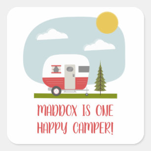 One Happy Camper Red Trailer Birthday Square Sticker