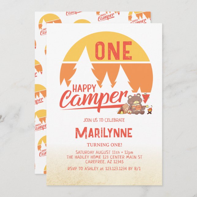 One Happy Camper Retro 1st Birthday Invitation (Front/Back)