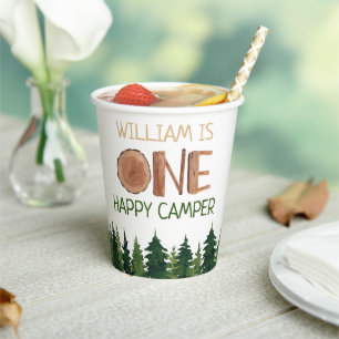 One Happy Camper Rustic 1st Birthday Name Paper Cups