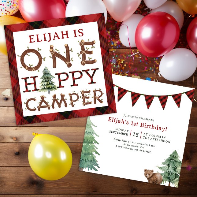 One Happy Camper Rustic 1st Birthday Party Invitat Invitation (One Happy Camper - Forest Themed Birthday)