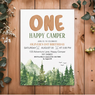 One Happy Camper Rustic Green Forest 1st Birthday Invitation
