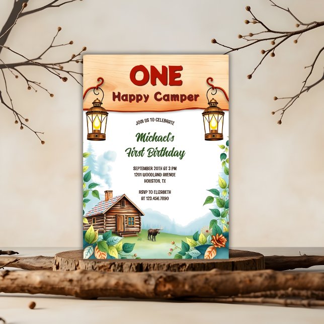 One Happy Camper Rustic Woodland 1st Birthday Invitation (One Happy Camper 1st Birthday Invitation – Rustic Woodland Party for Baby Boy)