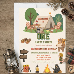 One Happy Camper safari Woodland 1st birthday Invitation