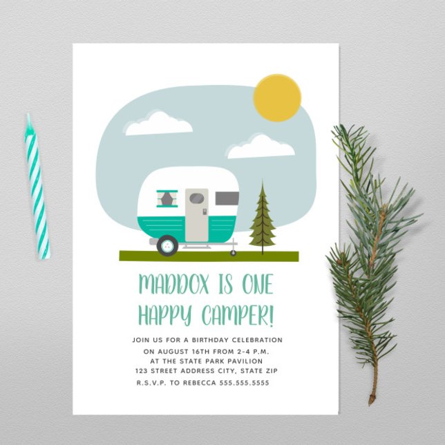 One Happy Camper Turquoise Trailer Birthday Invitation (Creator Uploaded)