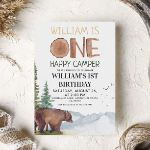 One Happy Camper Watercolor Bear Woodland Invitation