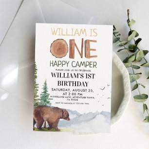 One Happy Camper Watercolor Bear Woodland  Invitation