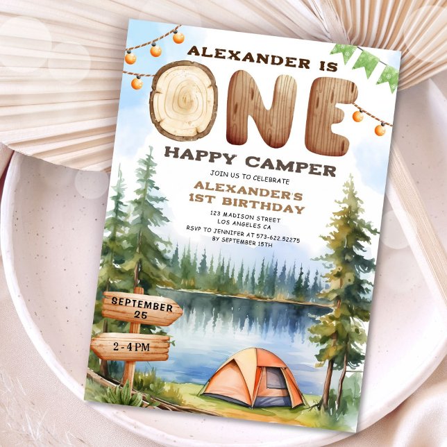 ONE Happy Camper Watercolor Boy 1st Birthday Party Invitation (Creator Uploaded)