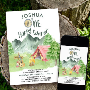 One Happy Camper Watercolor Boys 1st Birthday Invitation