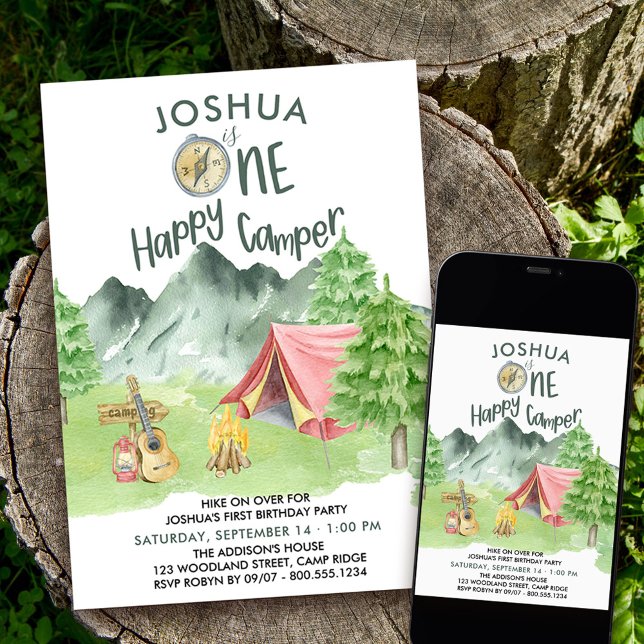 One Happy Camper Watercolor Boys 1st Birthday Invitation (One Happy Camper 1st birthday invitation with watercolor camping scene - order printed or download)