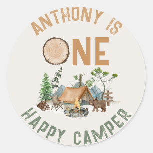One Happy Camper Watercolor Woodland 1st Birthday  Classic Round Sticker