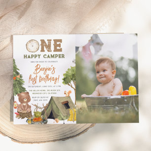One Happy Camper Wood Bear Photo Boys 1st Birthday Invitation
