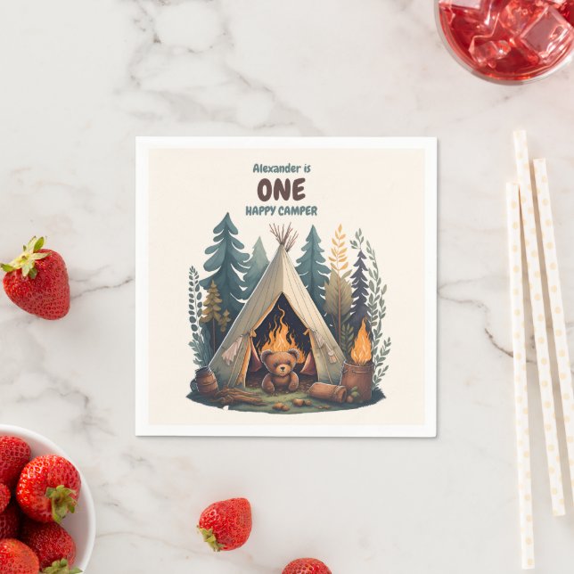 One Happy Camper Wood Boys 1st Birthday Napkin (Insitu)