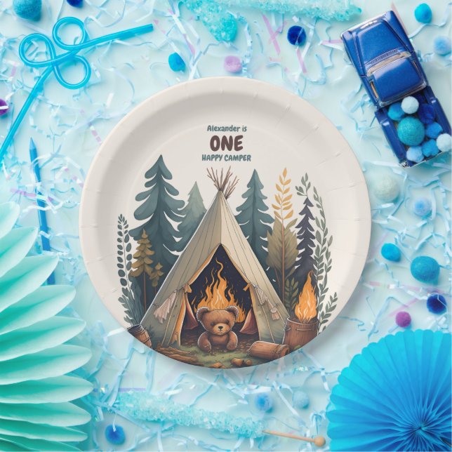 One Happy Camper Wood Boys 1st Birthday Paper Plate (Party)