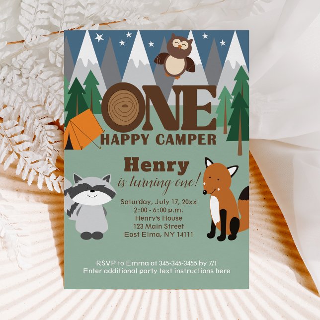 One Happy Camper Woodland Animals 1st Birthday boy Invitation (ONE Happy Camper 1st Birthday Invitation)