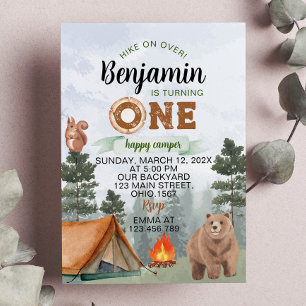 One Happy Camper Woodland Bear 1st Birthday Invitation