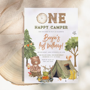 One Happy Camper Woodland Bear Boys 1st Birthday Invitation
