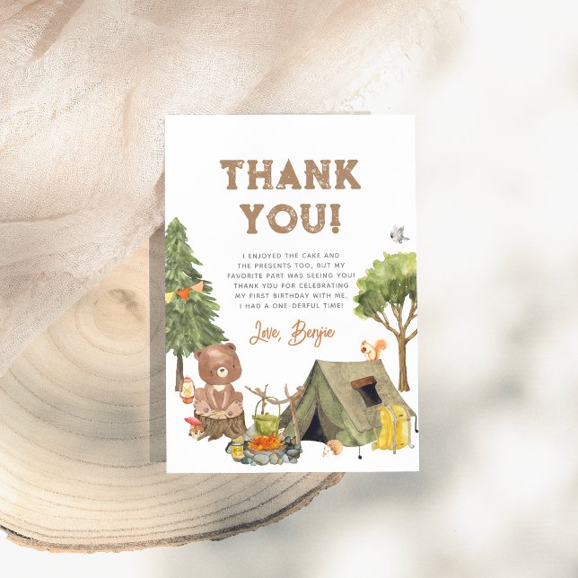 One Happy Camper Woodland Boy 1st Birthday Party Thank You Card (Creator Uploaded)