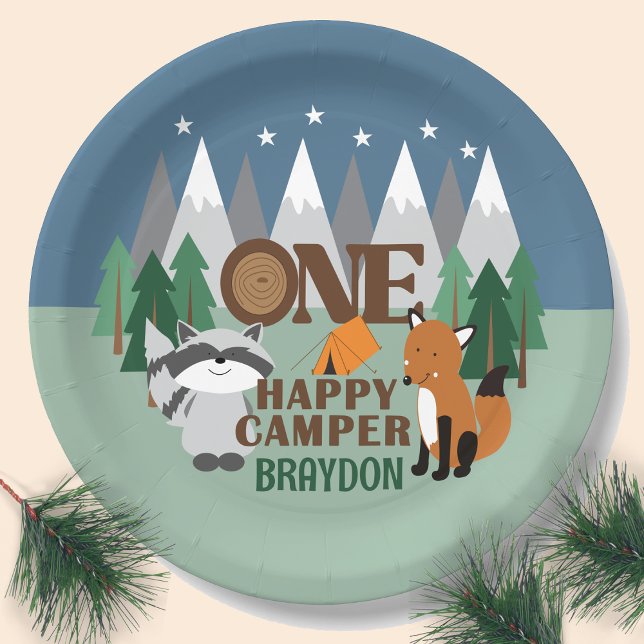 ONE Happy Camper Woodland Camping Cute Mountain  Paper Plate (ONE happy camper custom paper plate for a 1st birthday! )