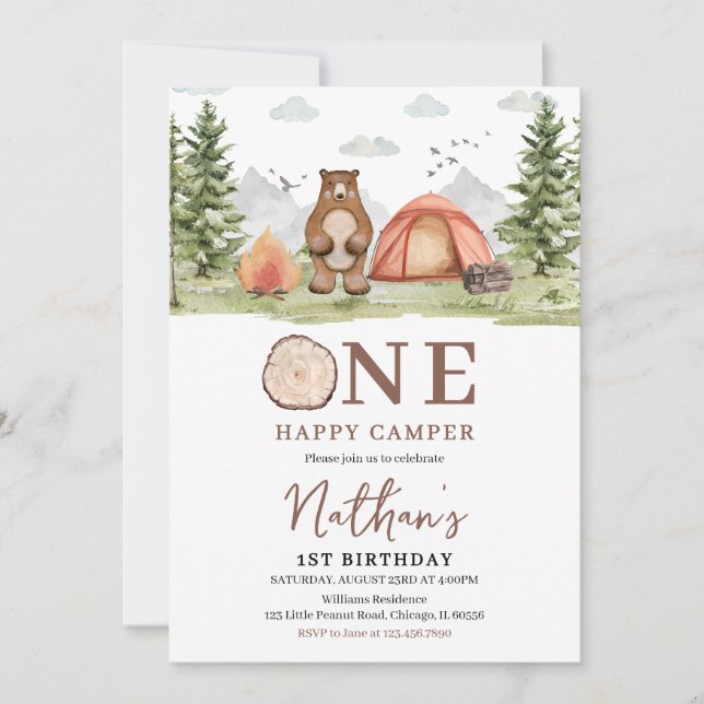 One Happy Camper Woodland First Birthday  Invitation (Front)