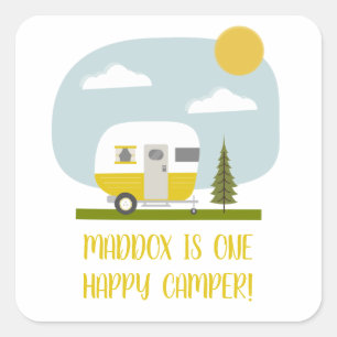 One Happy Camper Yellow Trailer Birthday Square Sticker