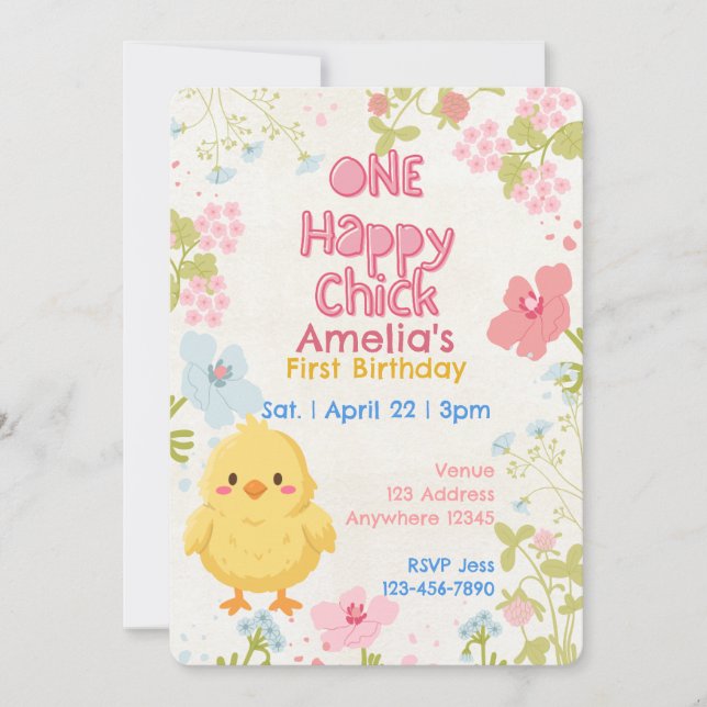 One Happy Chick, Floral 1st Birthday Invitation (Front)