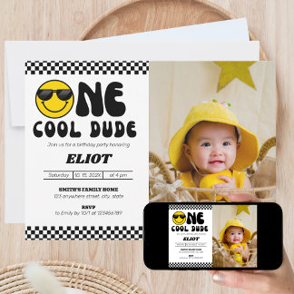 One Happy Cool Dude Boy's 1st Birthday Photo Invitation