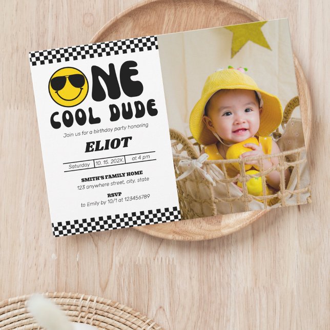 One Happy Cool Dude Boy's 1st Birthday Photo Invitation (Creator Uploaded)