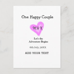 ONE HAPPY COUPLE PINK HEART WEDDING NAME DATE POSTCARD