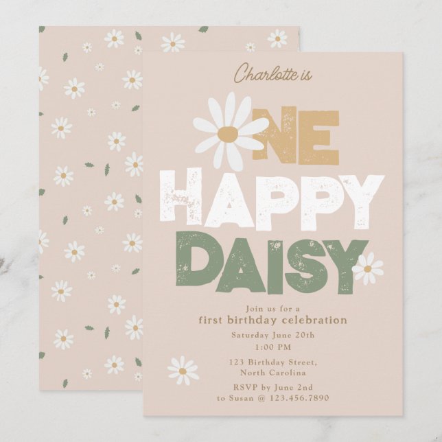 One Happy Daisy Invite 1st  First Birthday Cute (Front/Back)