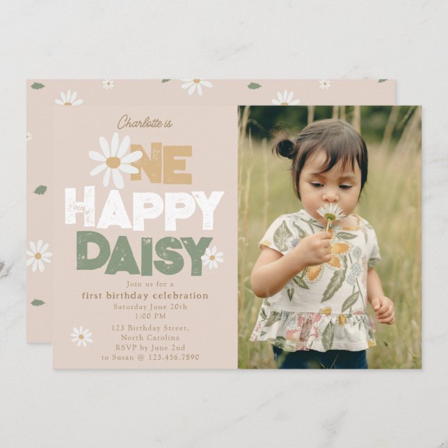 One Happy Daisy Invite 1st  First Birthday Photo (Front/Back)