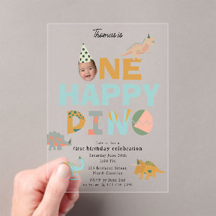 One Happy Dino Dinosaur Invite 1st Birthday Photo Acrylic Invitations