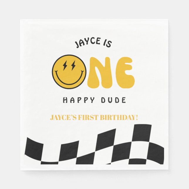 One Happy Dude 1st Birthday Chequered Luncheon Nap Napkin (Front)