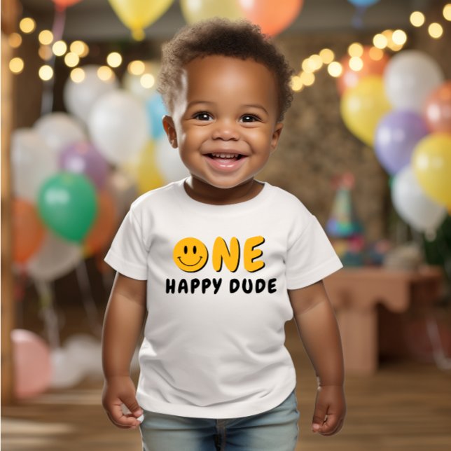 One Happy Dude 1st Birthday Orange Smiley Baby T-Shirt (Creator Uploaded)