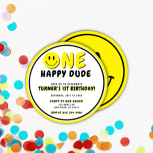 One Happy Dude 1st Birthday Smiley Face Invitation