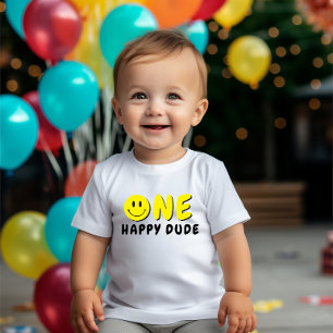 One Happy Dude 1st Birthday Yellow Smile Baby T-Shirt