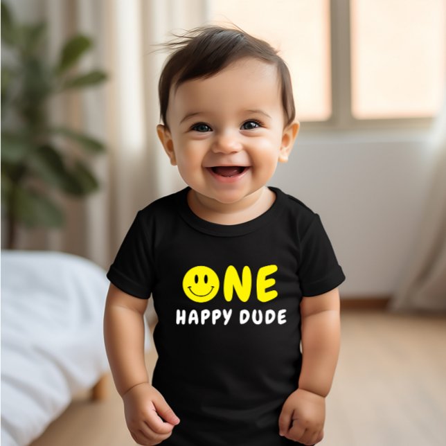 One Happy Dude 1st Birthday Yellow Smiley Baby T-Shirt (Creator Uploaded)
